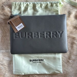Burberry calfskin zipper pouch branded charcoal gray nwt and dust bag